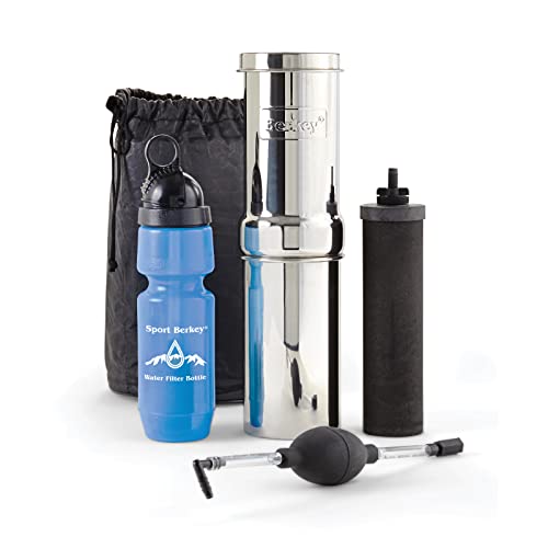 Go Berkey Water Filter Kit with 1 Qt. Berkey Gravity Fed Water Filter System, Berkey Sport Bottle and Black Berkey Primer Go Berkey Water Filter Kit with 1 Qt. Berkey Gravity Fed Water Filter System, Berkey Sport Bottle and Black Berkey Primer
