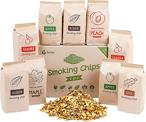Zorestar Wood Chips for Smokers - 9 pcs Variety Pack of Oak | Alder | Cherry | Apple Chips for Smoking and Grilling + Bonus e-Book